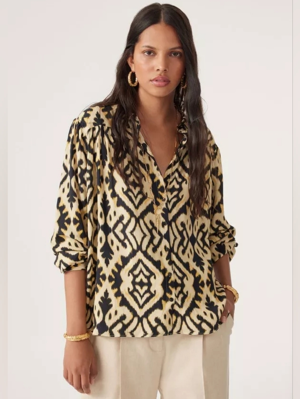 ba&sh Land Buttondown Blouse With Yoke Yellow And Black 100% Voscose Size L